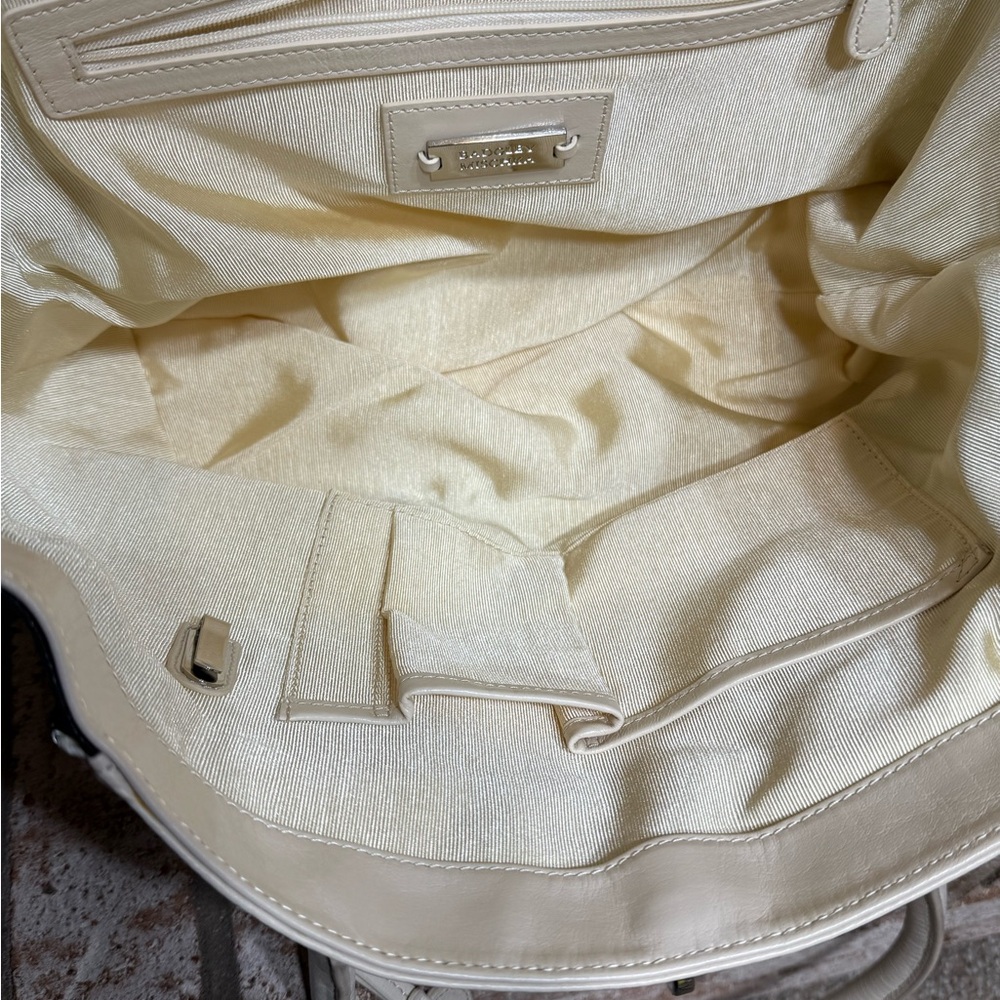 Badgley Mischka Ivory and Black Leather Tote Bag Silver Hardware Satchel - Picture 7 of 13